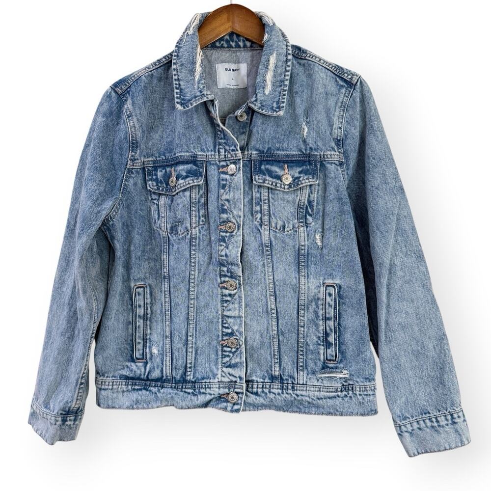 Old Navy Blue Denim Distressed Trucker Jean Jacket Womens Large Blue Pockets